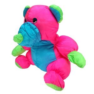 Vtg Neon Nylon Bear Plush 13" Parachute Chrisha Playful 1988 color block stuffed